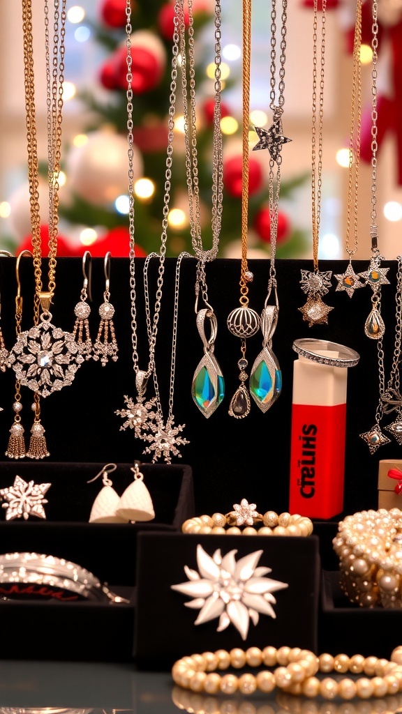 A festive display of jewelry gifts including necklaces, earrings, and bracelets in a holiday setting.